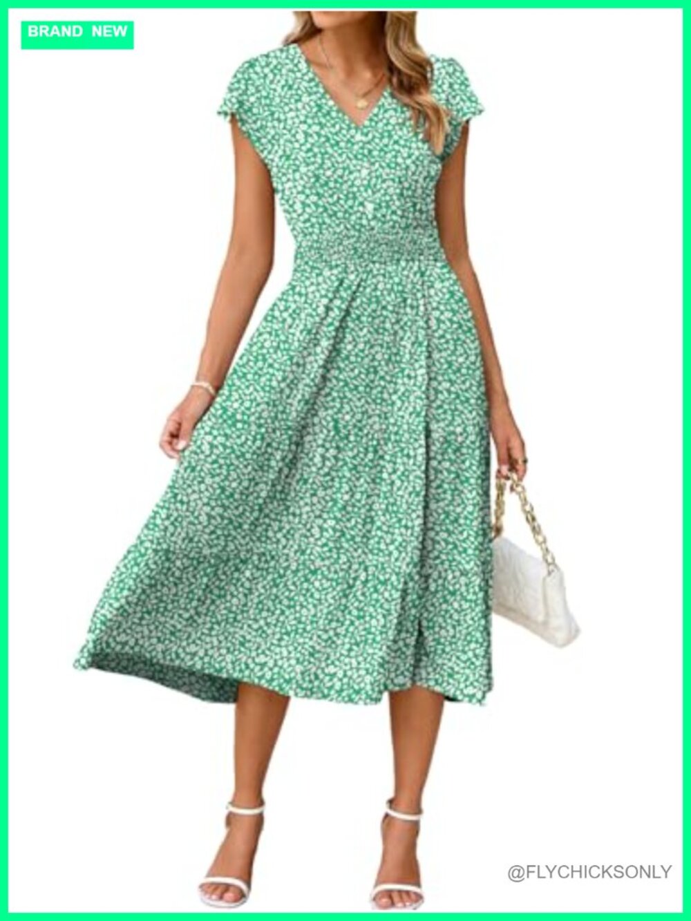 Boho Floral Short Sleeve Ruffle V-Neck Midi Dress Empire Waist Swing